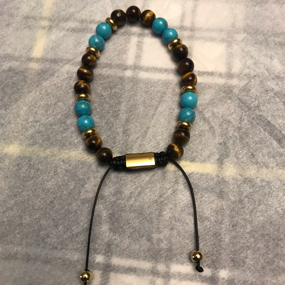 Gold, brown, & teal bead bracelet adjustable
